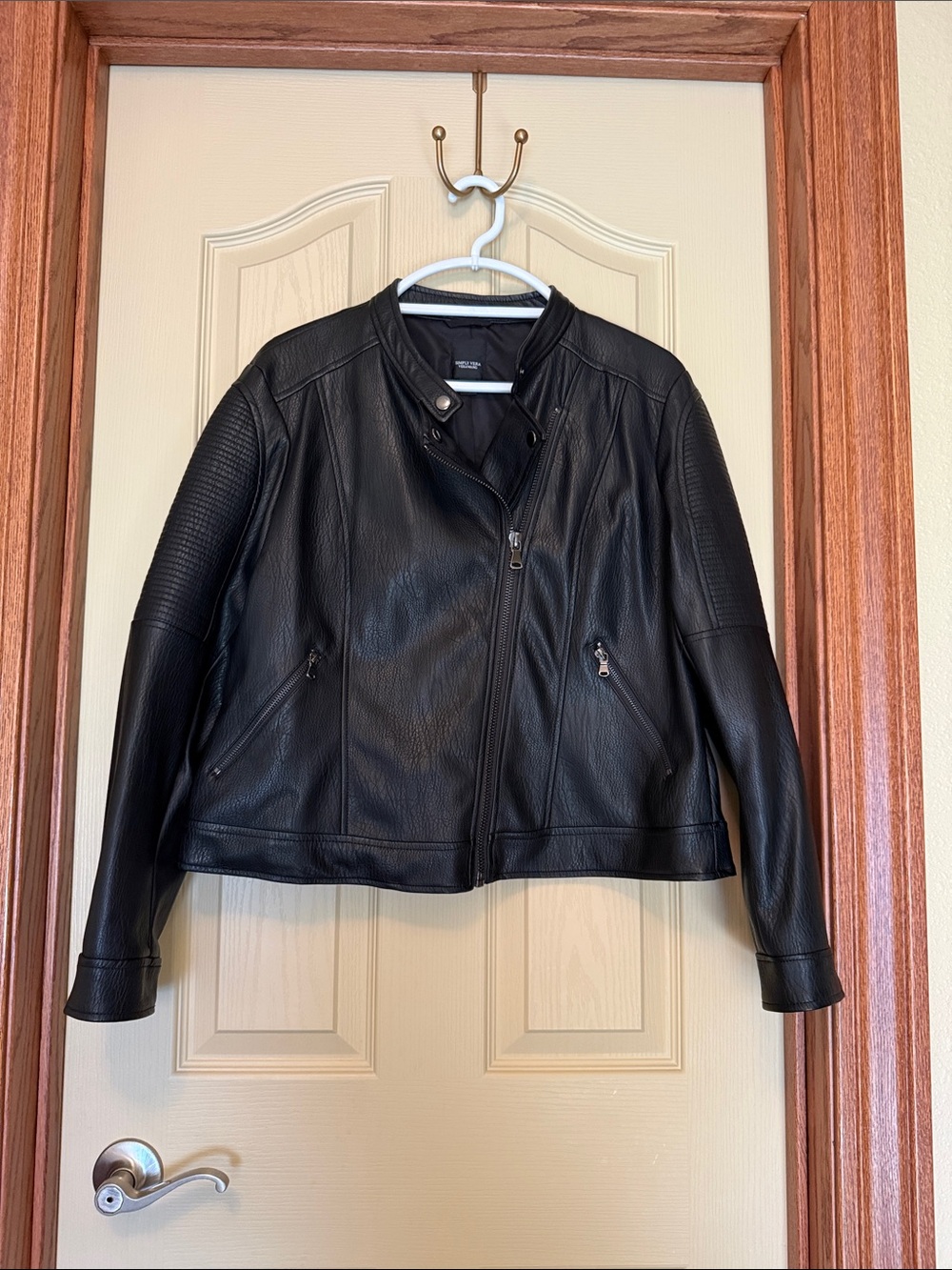 Vera Wang Black Faux Leather Moto Jacket with Quilted Sleeves